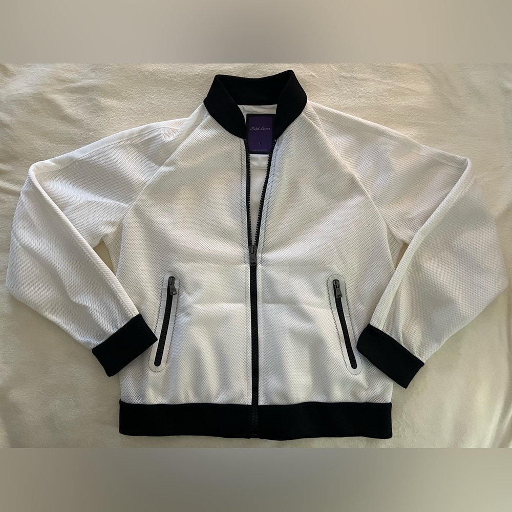 Ralph Lauren Purple Label White Mesh Bomber Jacket with Black Detail